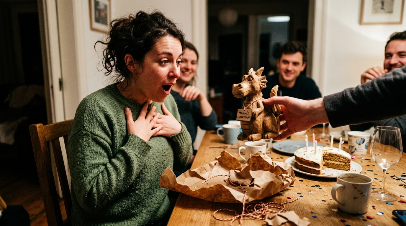 Ilustrace ženy slavící svátek Jana s netradičním dárkem a kyticí